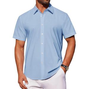 imageJVER Mens Short Sleeve Button Down Shirt Stretch Business Casual Dress Shirts Solid Summer Wedding Prom TopsBlue
