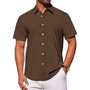 imageJVER Mens Short Sleeve Button Down Shirt Stretch Business Casual Dress Shirts Solid Summer Wedding Prom TopsBrown