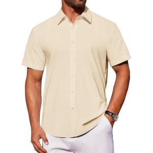 imageJVER Mens Short Sleeve Button Down Shirt Stretch Business Casual Dress Shirts Solid Summer Wedding Prom TopsCream Ivory