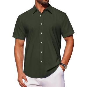 imageJVER Mens Short Sleeve Button Down Shirt Stretch Business Casual Dress Shirts Solid Summer Wedding Prom TopsDark Green