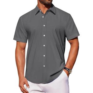imageJVER Mens Short Sleeve Button Down Shirt Stretch Business Casual Dress Shirts Solid Summer Wedding Prom TopsDark Grey