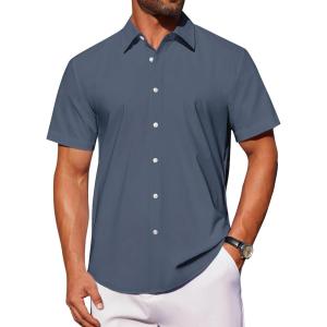 imageJVER Mens Short Sleeve Button Down Shirt Stretch Business Casual Dress Shirts Solid Summer Wedding Prom TopsGrayish Blue