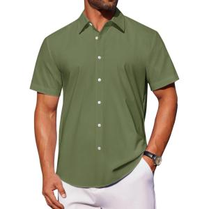 imageJVER Mens Short Sleeve Button Down Shirt Stretch Business Casual Dress Shirts Solid Summer Wedding Prom TopsGreen