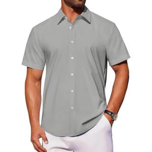 imageJVER Mens Short Sleeve Button Down Shirt Stretch Business Casual Dress Shirts Solid Summer Wedding Prom TopsLight Grey