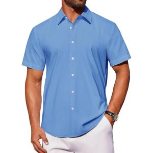 imageJVER Mens Short Sleeve Button Down Shirt Stretch Business Casual Dress Shirts Solid Summer Wedding Prom TopsMisty Blue