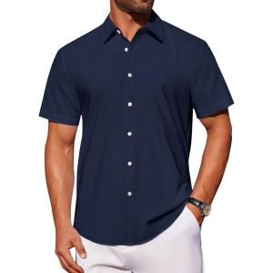 imageJVER Mens Short Sleeve Button Down Shirt Stretch Business Casual Dress Shirts Solid Summer Wedding Prom TopsNavy Blue