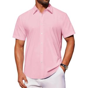 imageJVER Mens Short Sleeve Button Down Shirt Stretch Business Casual Dress Shirts Solid Summer Wedding Prom TopsPink