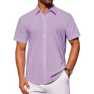 imageJVER Mens Short Sleeve Button Down Shirt Stretch Business Casual Dress Shirts Solid Summer Wedding Prom TopsPurple