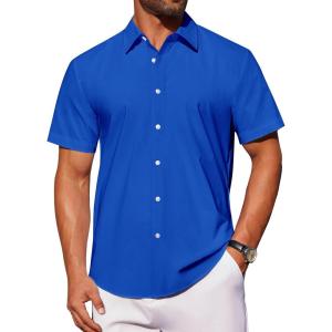 imageJVER Mens Short Sleeve Button Down Shirt Stretch Business Casual Dress Shirts Solid Summer Wedding Prom TopsRoyal Blue