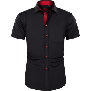 imageJVER Mens Short Sleeve Dress Shirts with Pocket Casual Button Down Shirt WrinkleFree Stretch Business ShirtsBlack Red