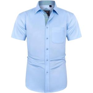imageJVER Mens Short Sleeve Dress Shirts with Pocket Casual Button Down Shirt WrinkleFree Stretch Business ShirtsBlue