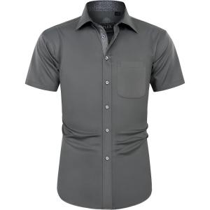 imageJVER Mens Short Sleeve Dress Shirts with Pocket Casual Button Down Shirt WrinkleFree Stretch Business ShirtsGrey
