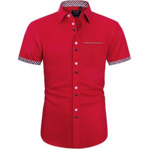 imageJVER Mens Short Sleeve Dress Shirts with Pocket Casual Button Down Shirt WrinkleFree Stretch Business ShirtsRed Style