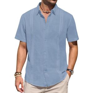imageMens Linen Shirts Short Sleeve Button Down Shirt Casual Cuban Guayabera Lightweight Summer Beach Solid TopsAiry Blue