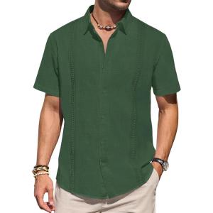 imageMens Linen Shirts Short Sleeve Button Down Shirt Casual Cuban Guayabera Lightweight Summer Beach Solid TopsArmy Green
