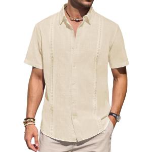 imageMens Linen Shirts Short Sleeve Button Down Shirt Casual Cuban Guayabera Lightweight Summer Beach Solid TopsBeige