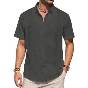 imageMens Linen Shirts Short Sleeve Button Down Shirt Casual Cuban Guayabera Lightweight Summer Beach Solid TopsCharcoal