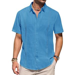 imageMens Linen Shirts Short Sleeve Button Down Shirt Casual Cuban Guayabera Lightweight Summer Beach Solid TopsCobalt Blue