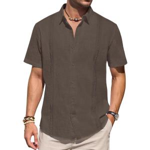 imageMens Linen Shirts Short Sleeve Button Down Shirt Casual Cuban Guayabera Lightweight Summer Beach Solid TopsCoffee