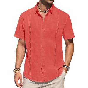 imageMens Linen Shirts Short Sleeve Button Down Shirt Casual Cuban Guayabera Lightweight Summer Beach Solid TopsCoral