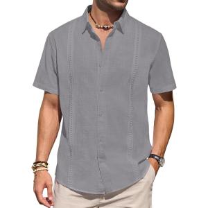 imageMens Linen Shirts Short Sleeve Button Down Shirt Casual Cuban Guayabera Lightweight Summer Beach Solid TopsDark Grey