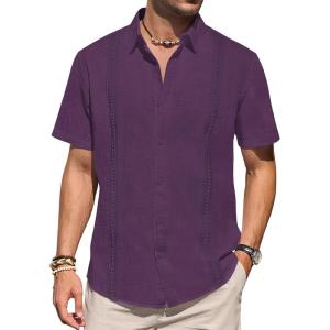 imageMens Linen Shirts Short Sleeve Button Down Shirt Casual Cuban Guayabera Lightweight Summer Beach Solid TopsDark Purple