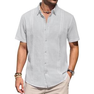 imageMens Linen Shirts Short Sleeve Button Down Shirt Casual Cuban Guayabera Lightweight Summer Beach Solid TopsGrey