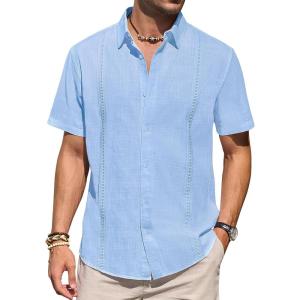 imageMens Linen Shirts Short Sleeve Button Down Shirt Casual Cuban Guayabera Lightweight Summer Beach Solid TopsLight Blue