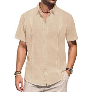 imageMens Linen Shirts Short Sleeve Button Down Shirt Casual Cuban Guayabera Lightweight Summer Beach Solid TopsLight Khaki