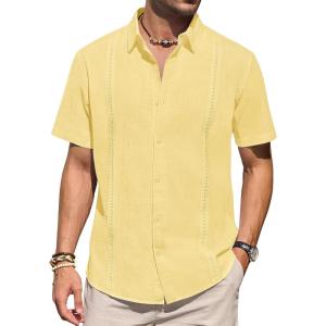 imageMens Linen Shirts Short Sleeve Button Down Shirt Casual Cuban Guayabera Lightweight Summer Beach Solid TopsLight Yellow