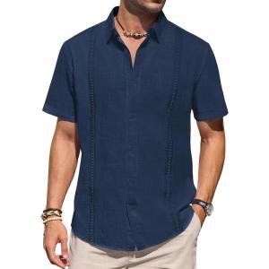 imageMens Linen Shirts Short Sleeve Button Down Shirt Casual Cuban Guayabera Lightweight Summer Beach Solid TopsNavy Blue