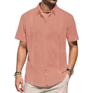 imageMens Linen Shirts Short Sleeve Button Down Shirt Casual Cuban Guayabera Lightweight Summer Beach Solid TopsPeach