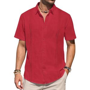 imageMens Linen Shirts Short Sleeve Button Down Shirt Casual Cuban Guayabera Lightweight Summer Beach Solid TopsRed