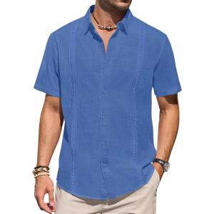 imageMens Linen Shirts Short Sleeve Button Down Shirt Casual Cuban Guayabera Lightweight Summer Beach Solid TopsRoyal Blue
