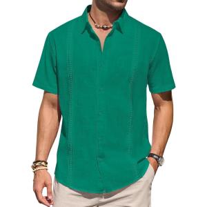 imageMens Linen Shirts Short Sleeve Button Down Shirt Casual Cuban Guayabera Lightweight Summer Beach Solid TopsTeal