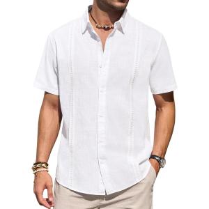 imageMens Linen Shirts Short Sleeve Button Down Shirt Casual Cuban Guayabera Lightweight Summer Beach Solid TopsWhite