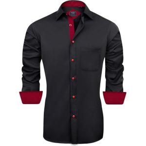 imageJVER Mens Casual Long Sleeve Stretch Dress Shirt WrinkleFree Regular Fit Button Down ShirtsBlack Red