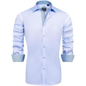 imageJVER Mens Casual Long Sleeve Stretch Dress Shirt WrinkleFree Regular Fit Button Down ShirtsBlue Blue