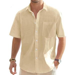 imageJVER Mens Cotton Linen Short Sleeve Shirts Casual Lightweight Button Down Shirts Vacation Beach Summer Tops with PocketKhaki