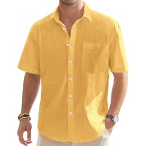 imageJVER Mens Cotton Linen Short Sleeve Shirts Casual Lightweight Button Down Shirts Vacation Beach Summer Tops with PocketLemon Yellow