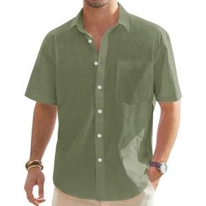 imageJVER Mens Cotton Linen Short Sleeve Shirts Casual Lightweight Button Down Shirts Vacation Beach Summer Tops with PocketOlive Green