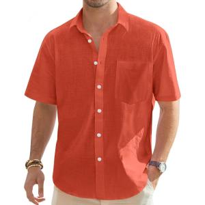 imageJVER Mens Cotton Linen Short Sleeve Shirts Casual Lightweight Button Down Shirts Vacation Beach Summer Tops with PocketTan