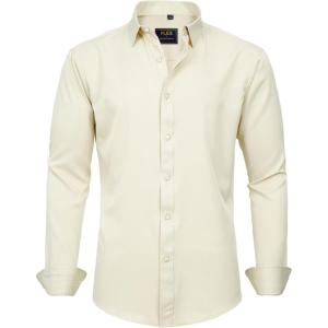 imageJVER Mens Dress Shirts Solid Long Sleeve Stretch WrinkleFree Formal Shirt Business Casual Button Down ShirtsCream Ivory