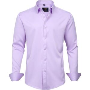 imageJVER Mens Dress Shirts Solid Long Sleeve Stretch WrinkleFree Formal Shirt Business Casual Button Down ShirtsLavender Purple