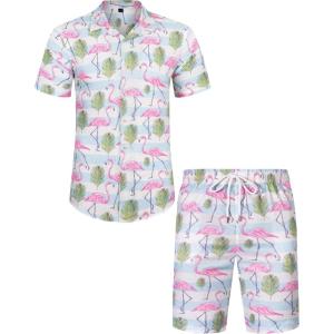 imageJVER Mens Hawaiian Shirts Casual Button Down Short Sleeve Shirts Set Printed Shorts Beach Tropical Hawaii SuitsBlue Stripesflamingo