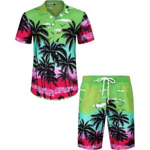 imageJVER Mens Hawaiian Shirts Casual Button Down Short Sleeve Shirts Set Printed Shorts Beach Tropical Hawaii SuitsCoconut Treegrass Green