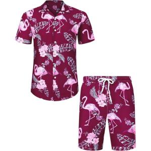 imageJVER Mens Hawaiian Shirts Casual Button Down Short Sleeve Shirts Set Printed Shorts Beach Tropical Hawaii SuitsFlamingoscrimson