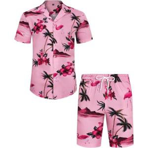 imageJVER Mens Hawaiian Shirts Casual Button Down Short Sleeve Shirts Set Printed Shorts Beach Tropical Hawaii SuitsNewrose Pinkflamingo
