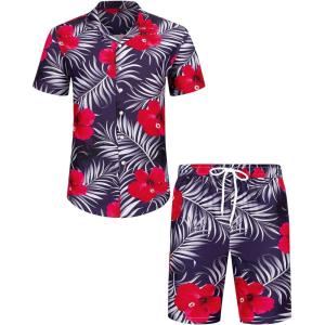 imageJVER Mens Hawaiian Shirts Casual Button Down Short Sleeve Shirts Set Printed Shorts Beach Tropical Hawaii SuitsRed Flowernavy Blue