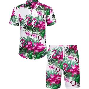 imageJVER Mens Hawaiian Shirts Casual Button Down Short Sleeve Shirts Set Printed Shorts Beach Tropical Hawaii SuitsWhiteflowerflamingo